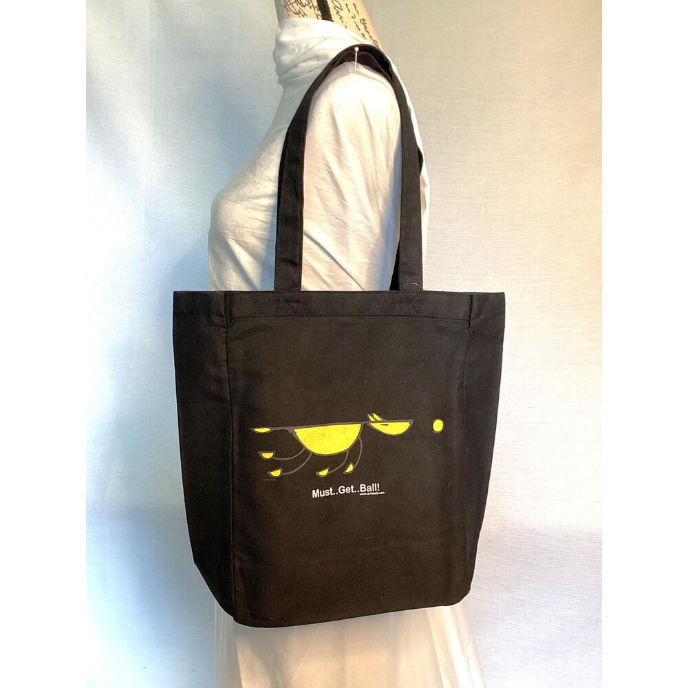 Must ... Get ... Ball!  Unlined Black Canvas Dog Lover Tote Bag NWT